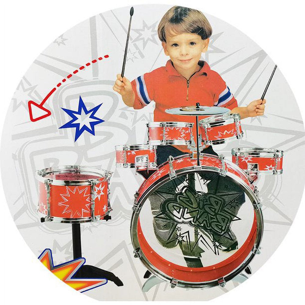 11-Piece Kids Starter Drum Set with Bass Drum, Tom Drums, Snare, Cymbal, Stool, Drumsticks - Red
