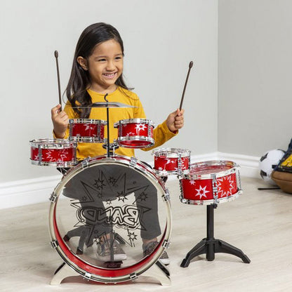 11-Piece Kids Starter Drum Set with Bass Drum, Tom Drums, Snare, Cymbal, Stool, Drumsticks - Red